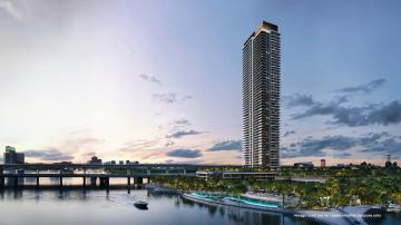 A stunning view of Emaar Palace Residences Creek Blue at Dubai Creek Harbour, luxury apartments with waterfront scenery.