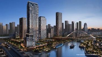Elegant Emaar Aeon at dubai creek harbour luxury apartments showcasing modern design and stunning views of water pathways